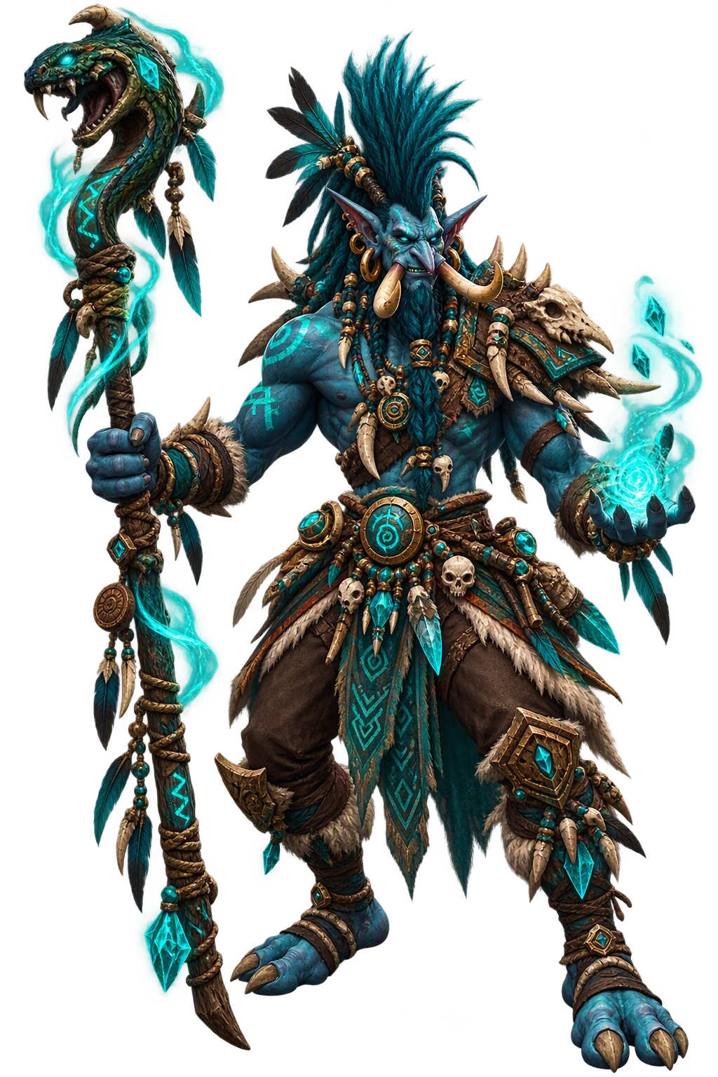 A tribal, World of Warcraft troll casting Good Mojo.